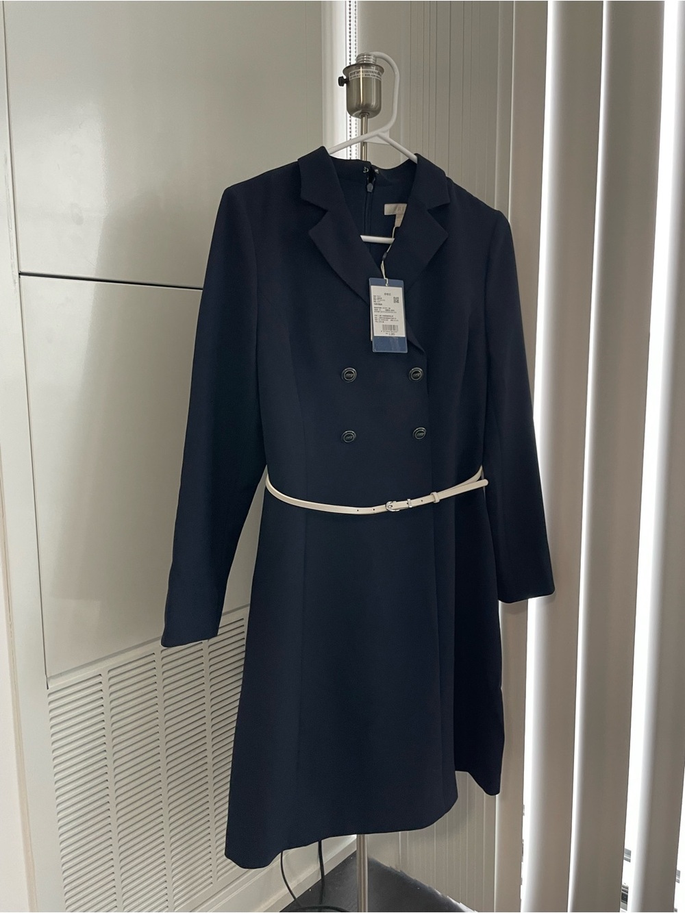 Classic Double-Breasted Navy Dress with Belt